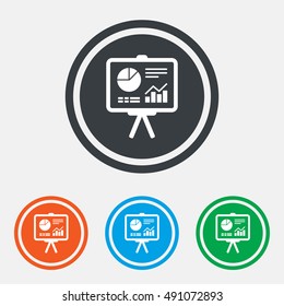 Presentation billboard sign icon. Scheme and Diagram symbol. Graphic design web element. Flat presentation symbol on the round button. Vector