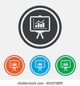 Presentation billboard sign icon. Scheme and Diagram symbol. Graphic design web element. Flat presentation symbol on the round button. Vector