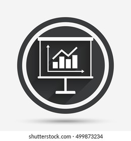 Presentation billboard sign icon. Scheme and Diagram symbol. Circle flat button with shadow and border. Vector