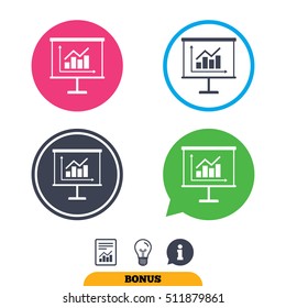 Presentation billboard sign icon. Scheme and Diagram symbol. Report document, information sign and light bulb icons. Vector