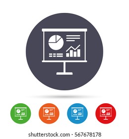 Presentation billboard sign icon. Scheme and Diagram symbol. Round colourful buttons with flat icons. Vector