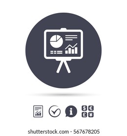 Presentation billboard sign icon. Scheme and Diagram symbol. Report document, information and check tick icons. Currency exchange. Vector