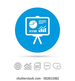 Presentation billboard sign icon. Scheme and Diagram symbol. Copy files, chat speech bubble and chart web icons. Vector