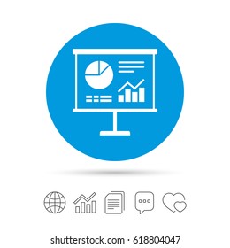 Presentation billboard sign icon. Scheme and Diagram symbol. Copy files, chat speech bubble and chart web icons. Vector