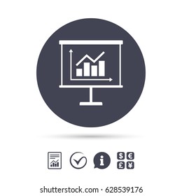 Presentation billboard sign icon. Scheme and Diagram symbol. Report document, information and check tick icons. Currency exchange. Vector