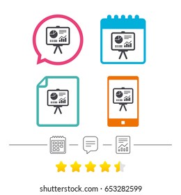 Presentation billboard sign icon. Scheme and Diagram symbol. Calendar, chat speech bubble and report linear icons. Star vote ranking. Vector