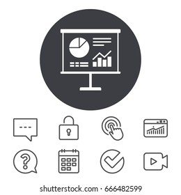 Presentation billboard sign icon. Scheme and Diagram symbol. Calendar, Locker and Speech bubble line signs. Video camera, Statistics and Question icons. Vector