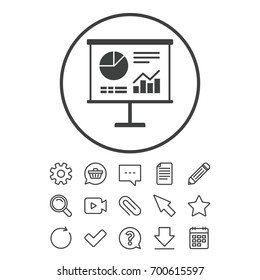 Presentation billboard sign icon. Scheme and Diagram symbol. Document, Chat and Paper clip line signs. Question, Pencil and Calendar line icons. Star, Download and Shopping cart. Vector