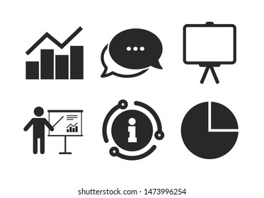 Presentation billboard symbol. Chat, info sign. Diagram graph Pie chart icon. Man standing with pointer sign. Classic style speech bubble icon. Vector