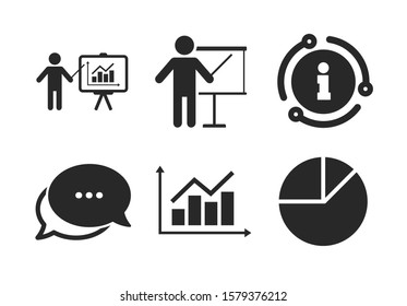 Presentation billboard symbol. Chat, info sign. Diagram graph Pie chart icon. Supply and demand. Man standing with pointer. Classic style speech bubble icon. Vector