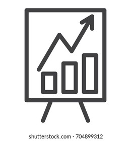 Presentation blackboard with growth chart line icon, outline vector sign, linear style pictogram isolated on white. Symbol, logo illustration. Editable stroke