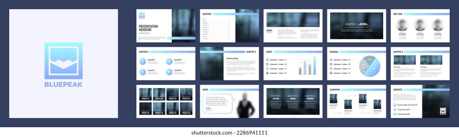 Presentation of blue corporate design with square logo and color background. Presentation slides template for modern company.