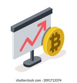 Tablero de presentación, flecha hacia arriba, moneda con etiqueta de bitcoin. Vector 3d línea isométrica, iconos de color web, nuevo estilo plano. Idea de diseño creativo para infografías.