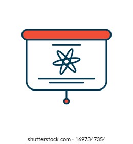 presentation board with atom icon over white background, line and fill style, vector illustration