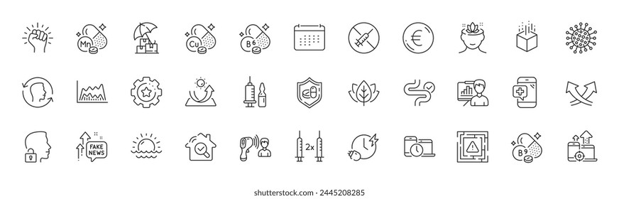 Presentation board, Augmented reality and Organic tested line icons. Pack of Medical phone, Vitamin b6, Folate vitamin icon. Maze attention, Medical tablet, Coronavirus pictogram. Line icons. Vector