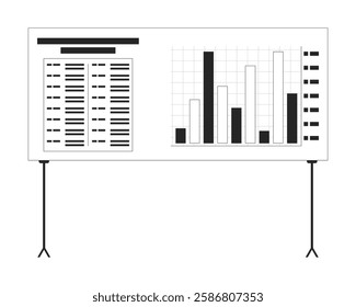 Presentation board with bar chart black and white 2D line object. Seminar data display. Corporate report. Performance metrics graph isolated clip art vector outline item. Monochrome spot illustration