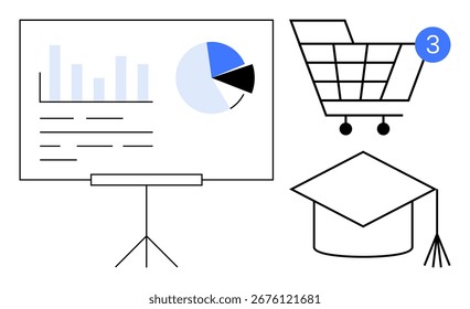 Presentation board with bar graph and pie chart, shopping cart with a notification badge, and graduation cap. Ideal for education, e-commerce, analytics, retail, online learning, business reports