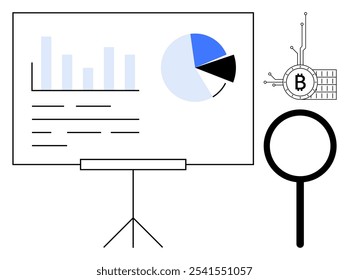 Presentation board with bar and pie charts. Magnifying glass and Bitcoin symbol along with circuitry. Ideal for data analysis finance technology cryptocurrency blockchain and research. Clean