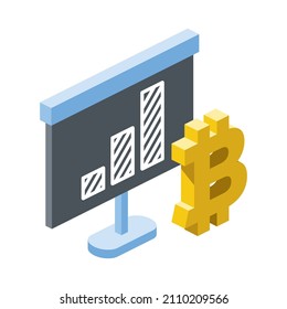 Presentation board bitcoin label. Vector 3d line isometric, color web icons, new flat style. Creative design idea for infographics.