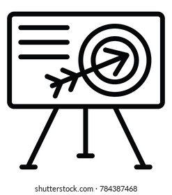 A presentation board with dart board and arrow sign, target achievement line icon