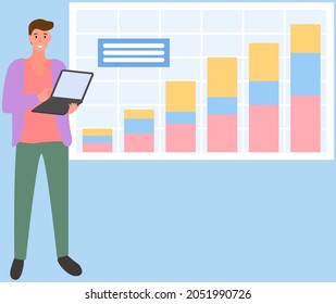 Presentation board with data analysis bar chart. Man works with statistics, strategy, business development. Statistical analytics using digital technology. Businessman with laptop analysis indicators