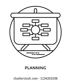 A presentation board with data processing flowchart diagram, representing planning icon