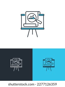 Presentation board with data and statistics chart for strategic planning and marketing campaign. Market research and data analysis concept. Vector icons on 3 different backgrounds.
