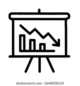 A presentation board with a declining bar graph and downward arrow, illustrating a negative financial trend or poor business performance.