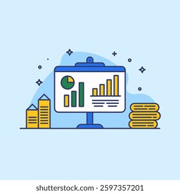 A presentation board displaying various charts and graphs, representing business data, financial analysis, and corporate reporting in a professional setting.