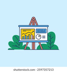 A presentation board displaying various charts and graphs, representing business data, financial analysis, and corporate reporting in a professional setting.