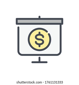 Presentation Board with Dollar color line icon. Financial Report vector outline colorful sign.