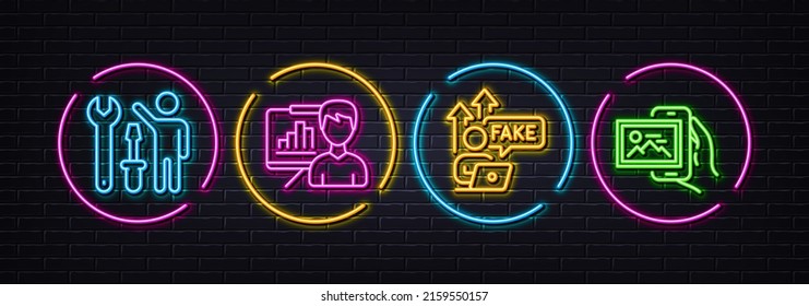 Presentation board, Fake internet and Repairman minimal line icons. Neon laser 3d lights. Image album icons. For web, application, printing. Growth chart, Wrong information, Repair screwdriver. Vector