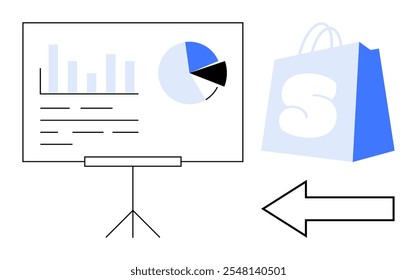 Uma placa de apresentação com gráficos de barras e gráficos de pizza fica em um tripé enquanto uma sacola de compras está ao lado dele. Uma seta aponta para a esquerda. Ideal para relatórios de negócios, análise de vendas, marketing de varejo, dados