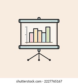 Presentation board filled icon with color bar charts and open legs.