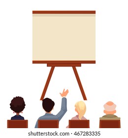 Presentation board in front of a group of people, sketch style vector illustration isolated on white background. Flip chart template. People sitting and looking at the board, business presentation