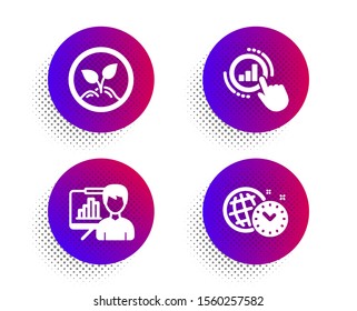 Presentation board, Graph chart and Startup icons simple set. Halftone dots button. Time management sign. Growth chart, Get report, Launch project. World clock. Education set. Vector