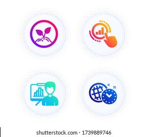 Presentation board, Graph chart and Startup icons simple set. Button with halftone dots. Time management sign. Growth chart, Get report, Launch project. World clock. Education set. Vector