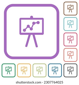 Presentation board with graph simple icons in color rounded square frames on white background