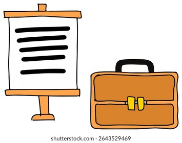 A presentation board with horizontal lines beside a briefcase suggests business planning strategy ideas for work success and growth.