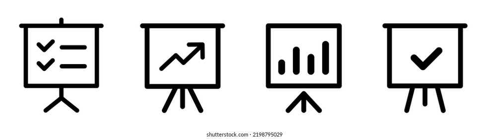 Juego de iconos de tablero de presentación. Diseño de iconos de pizarra electrónica. Elemento de diseño de iconos de tablero de presentación adecuado para sitios web. Presentación de negocios bolsa blanca aislada de vectores