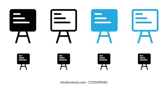 Conjunto de ícones de placa de apresentação, quadro branco em símbolos vetoriais de cavalete, sinais de reunião de negócios e educação, ícone de tela de apresentação em versão plana em fundo preto e branco