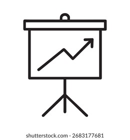 Ícone do Quadro de Apresentação com Gráfico para Cima - Vetor de Arte de Linha Branca e Preta Minimalista