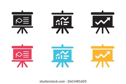 Ícones do quadro de apresentação mostrando diferentes gráficos e estatísticas de relatório em preto, vermelho, azul e amarelo. Placas de apresentação isoladas exibidas em um fundo branco.