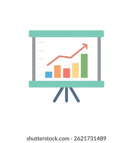 A presentation board illustrates business growth, with bars and an upward arrow representing financial progress in a flat vector style.
