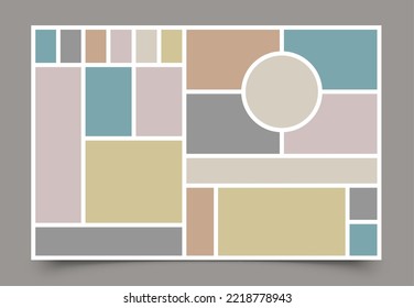 Presentation board layout. Colorful mood board photo collage grid, mosaic photography frame mockup for bloggers portfolio showcase. Vector illustration. Photo arrangement for interior