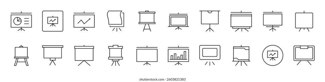 Presentation Board Line Icon Collection. Editable Stroke. Perfect for Infographics, Articles, Books, Flyers, Banners