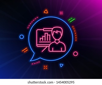 Presentation board line icon. Neon laser lights. Column graph sign. Growth diagram symbol. Glow laser speech bubble. Neon lights chat bubble. Banner badge with presentation board icon. Vector