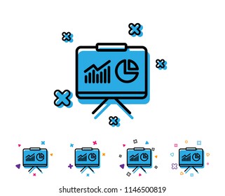 Presentation board line icon. Report chart or Sales growth sign. Analysis and Statistics data symbol. Line icon with geometric elements. Bright colourful design. Vector