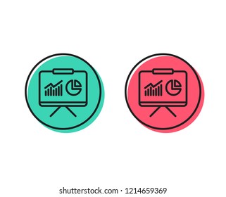 Presentation board line icon. Report chart or Sales growth sign. Analysis and Statistics data symbol. Positive and negative circle buttons concept. Good or bad symbols. Presentation Vector