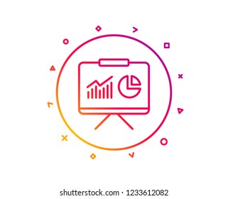 Presentation board line icon. Report chart or Sales growth sign. Analysis and Statistics data symbol. Gradient pattern line button. Presentation icon design. Geometric shapes. Vector